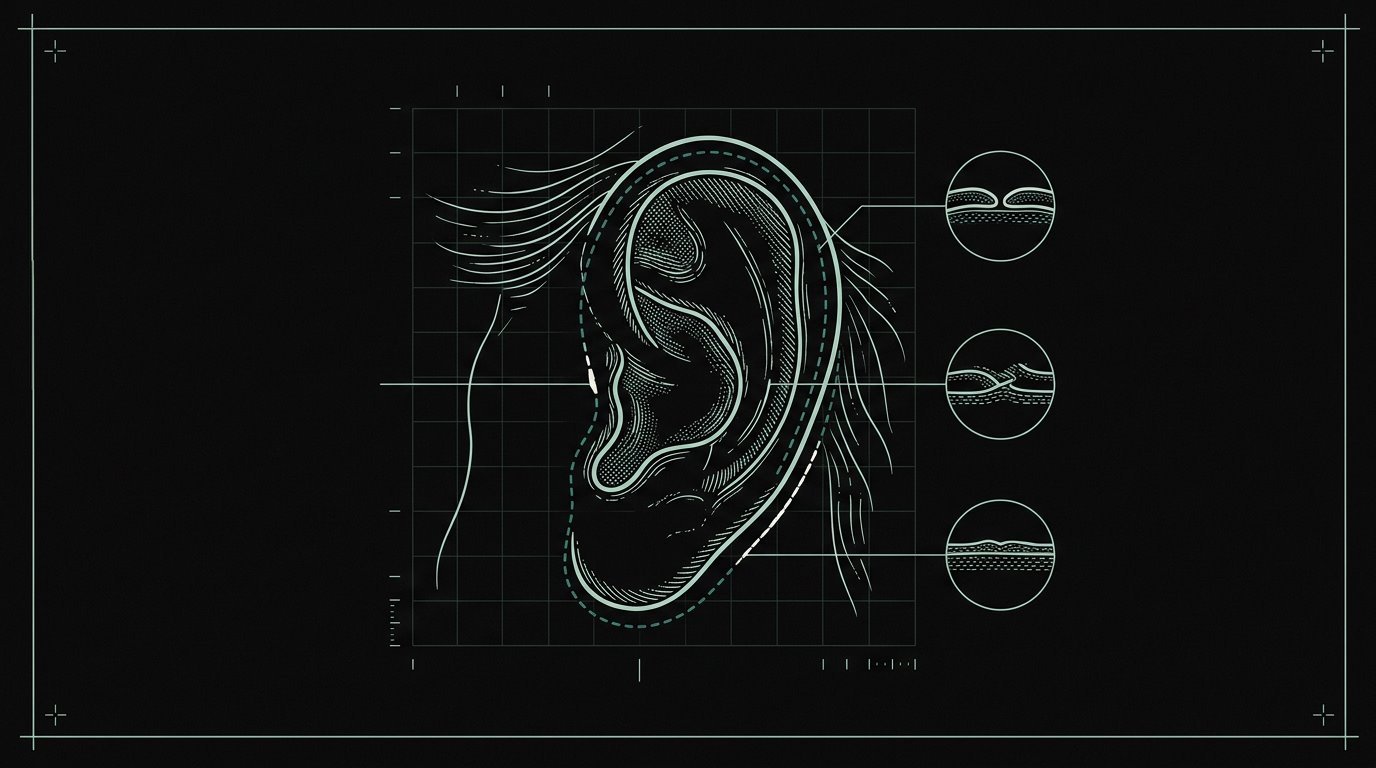 Ilustração do trajeto das incisões do lifting facial ao redor da orelha