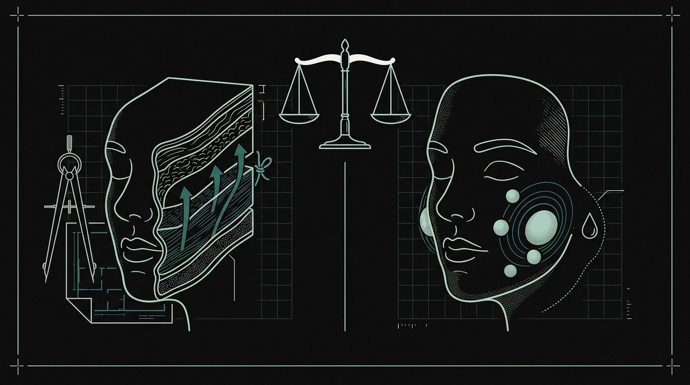 Ilustração comparando reposicionar estrutura e acrescentar volume no rosto