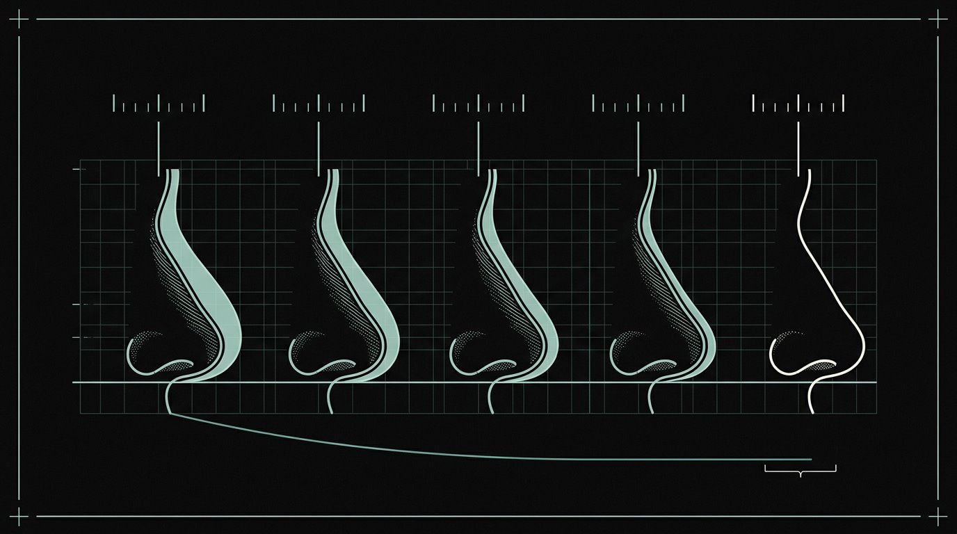 Ilustração da linha do tempo de desinchaço do nariz após a rinoplastia