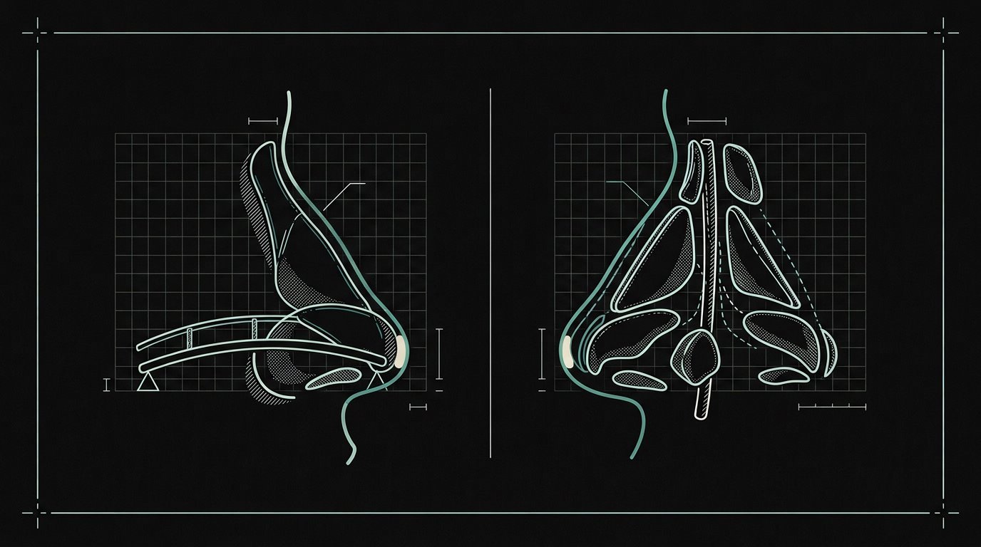 Ilustração comparando a rinoplastia preservadora e a rinoplastia estruturada
