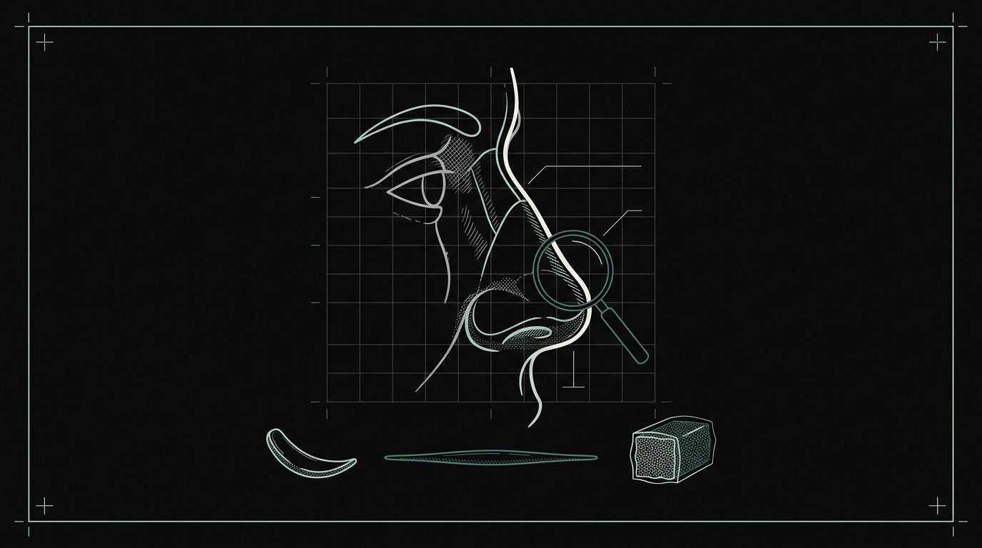 Ilustração de dois traçados do nariz sobrepostos, representando a correção de uma cirurgia anterior